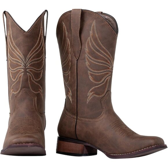 Women's Brown Calf-High Fashion Square Toe Faux Leather Western Cowgirl Boots - Picture 7 of 9